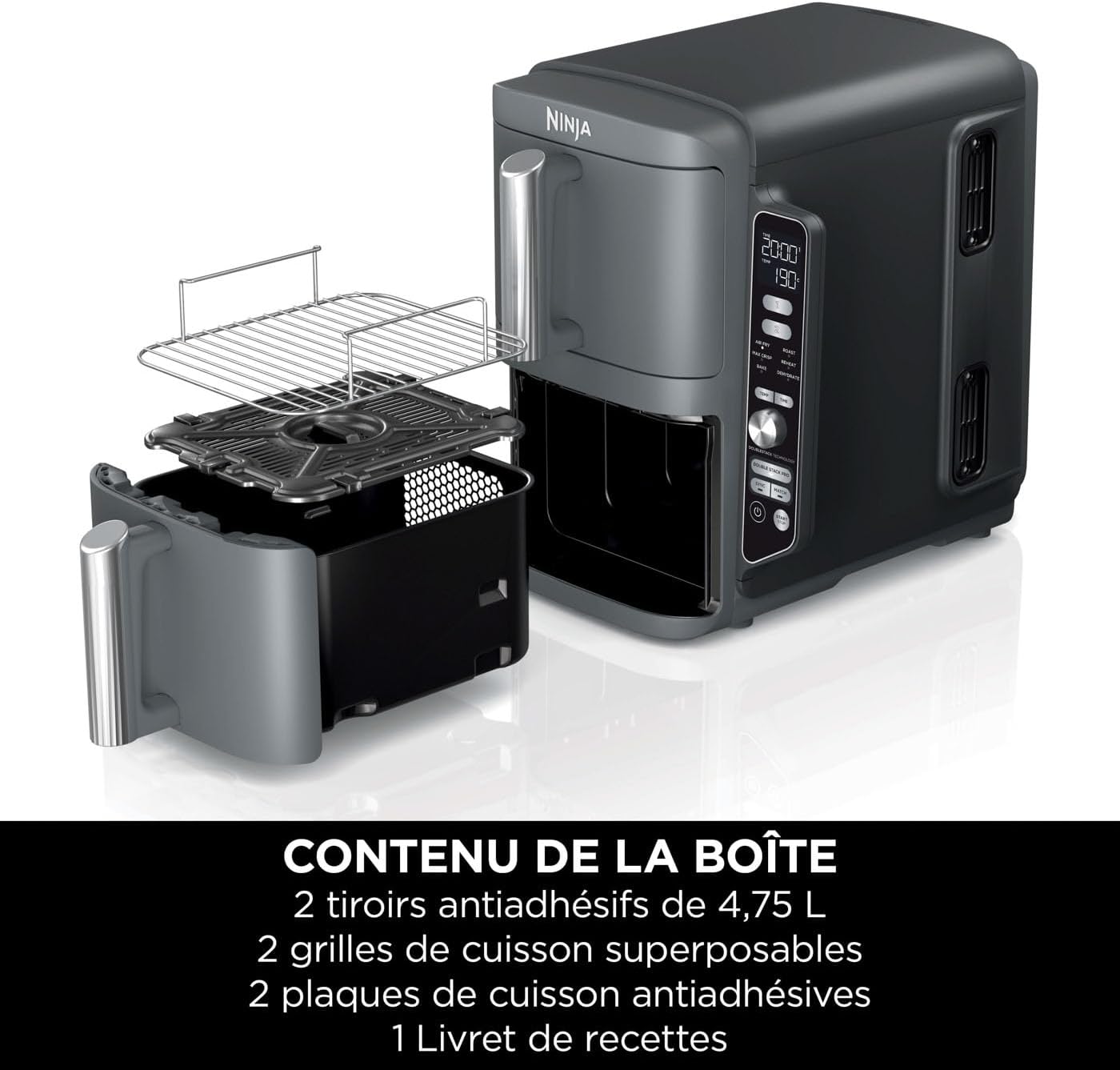 Ninja Double Stack XL Friteuse sans huile, friteuse verticale à 2 tiroirs, 4 niveaux cuisson, 2 tiroirs et 2 grilles, design compact, capacité de 9,5L, 6 fonctions de cuisson, 8 portions