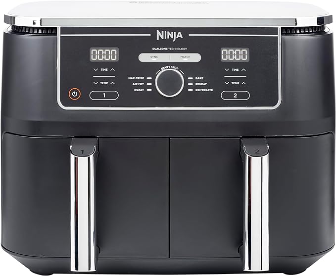 NINJA Foodi MAX Dual Zone Air Fryer, 2 Tiroirs, 9,5L, 6-en-1, Sans Huile, Air Fry, Croustillant Max, Rôtir, Cuire, Déshydrater, 8 Portions, Paniers Antiadhésifs Vont Au Lave-Vaisselle, Noir AF400EU