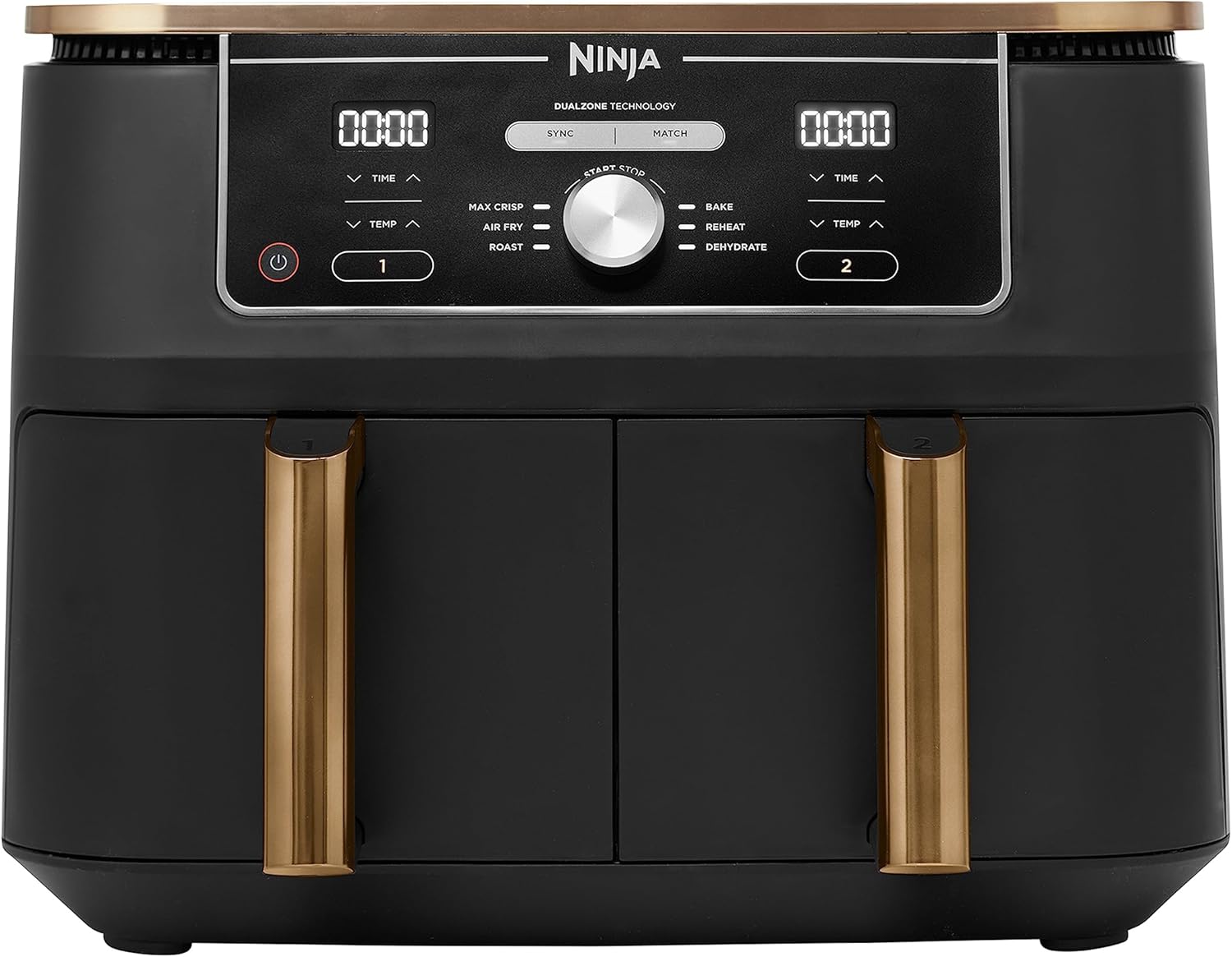 NINJA Foodi MAX Dual Zone Air Fryer, 2 Tiroirs, 9,5L, 6-en-1, Sans Huile, Air Fry, Max Crisp, Rôtir, Cuire, Paniers Anti-adhésifs Lavables Au Lave-Vaisselle, Cuivre/Noir